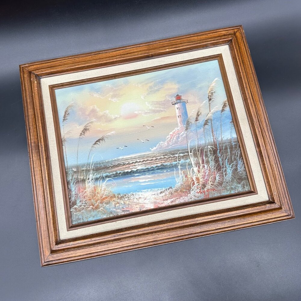 Vintage Lighthouse Seascape Oil Painting Framed Bernard B Duggan Nautical Dunes